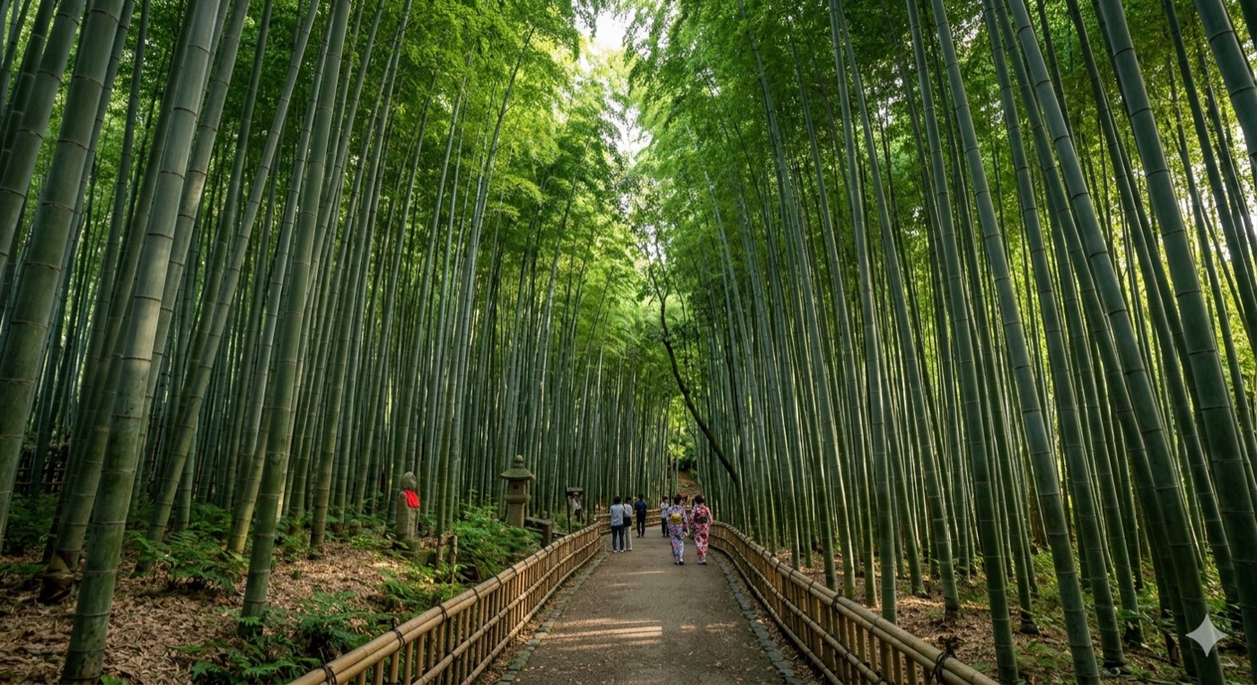 Стежка через бамбуковий гай Arashiyama з туристами в кімоно