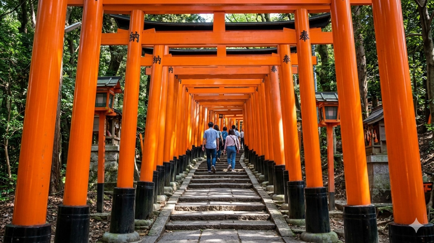 Червоні ворота torii Fushimi Inari з лисячими статуями kitsune обабіч стежки