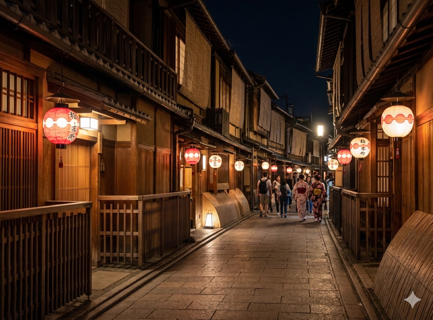 Вечірня вуличка району Gion з червоними ліхтариками та людьми в кімоно