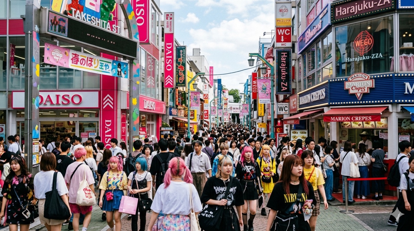 Натовп молоді з кольоровим волоссям на торговій вулиці Harajuku біля DAISO та MARION CREPES