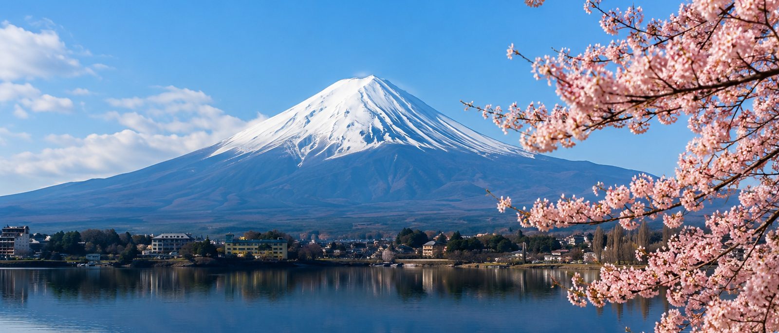 Mount Fuji зі сніговою шапкою, цвіт сакури та відображення в озері Kawaguchi