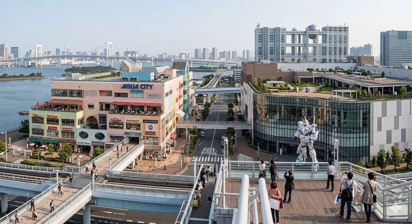 Aqua City Odaiba та DiverCity з фігурою Gundam і Rainbow Bridge на фоні