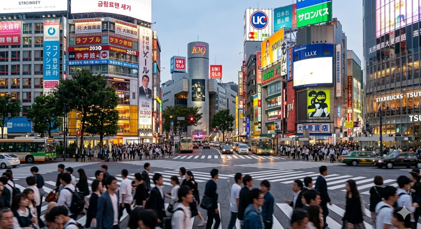 Натовп пішоходів на перехресті Shibuya Crossing у Токіо