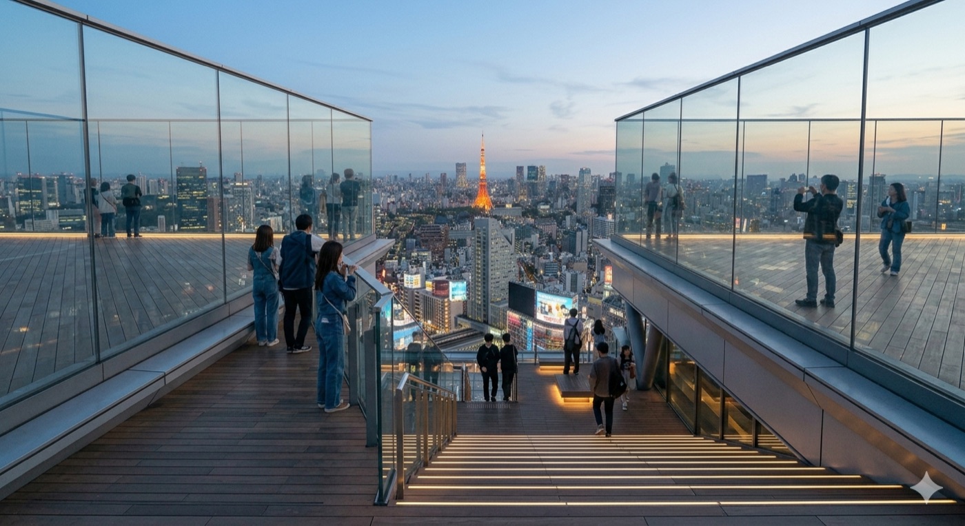Оглядовий майданчик Shibuya Sky зі скляними стінами та видом на Tokyo Tower