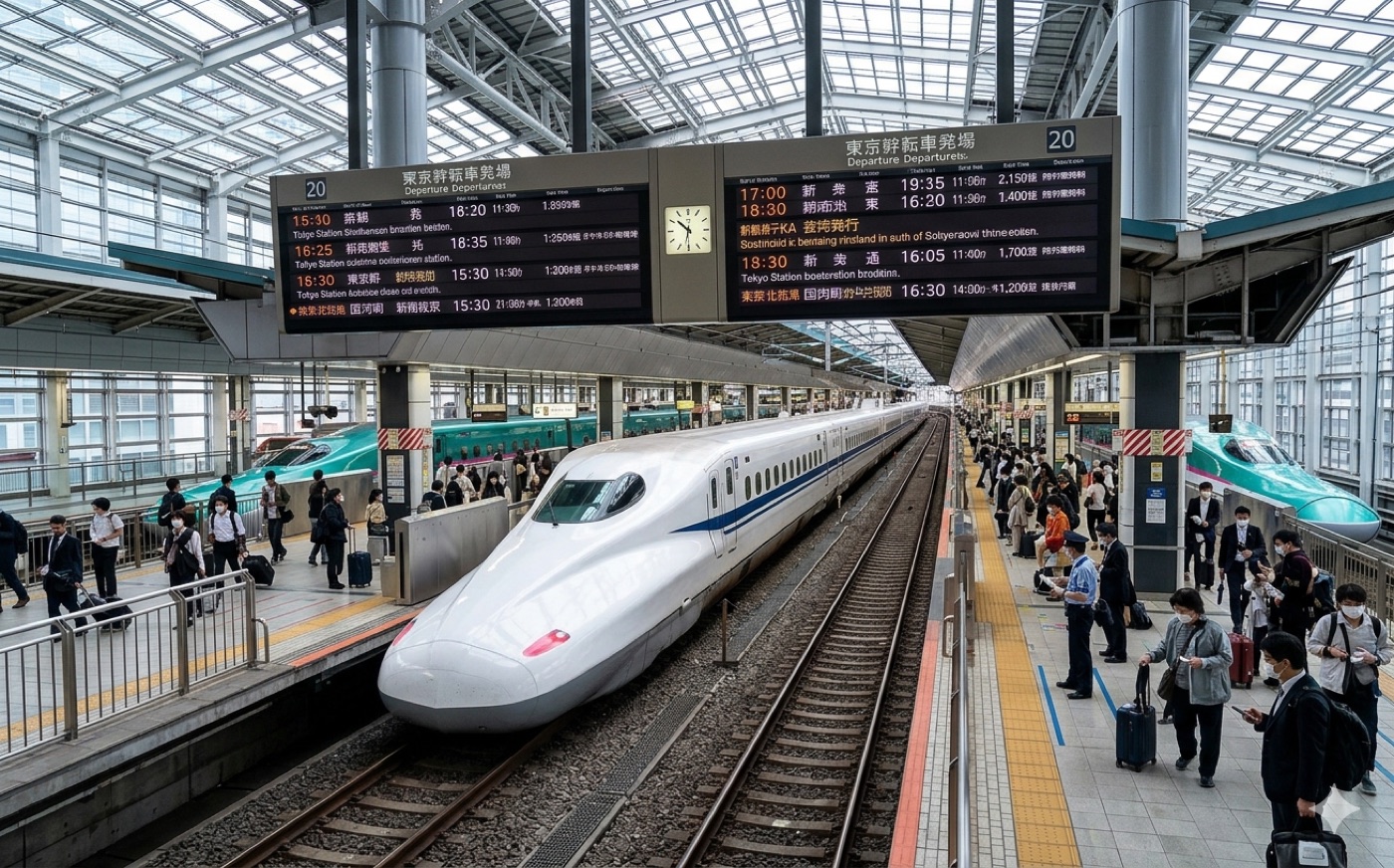 Shinkansen на платформі Tokyo Station із табло відправлень нагорі