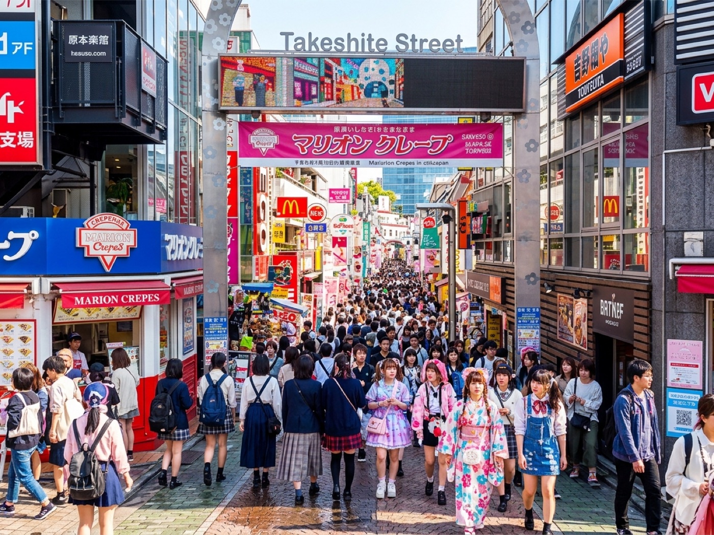 Натовп людей під аркою-входом на Takeshite Street у районі Harajuku