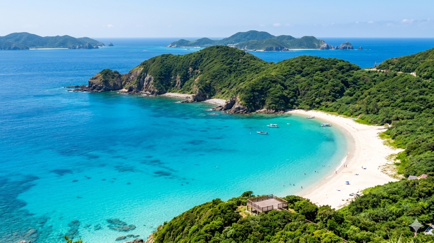 Бірюзова бухта пляжу Aharen на Tokashiki Island з білим піском і зеленими горами